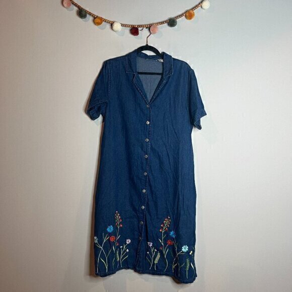 Vintage denim floral embroidered button down maxi dress - Picture 1 of 4
